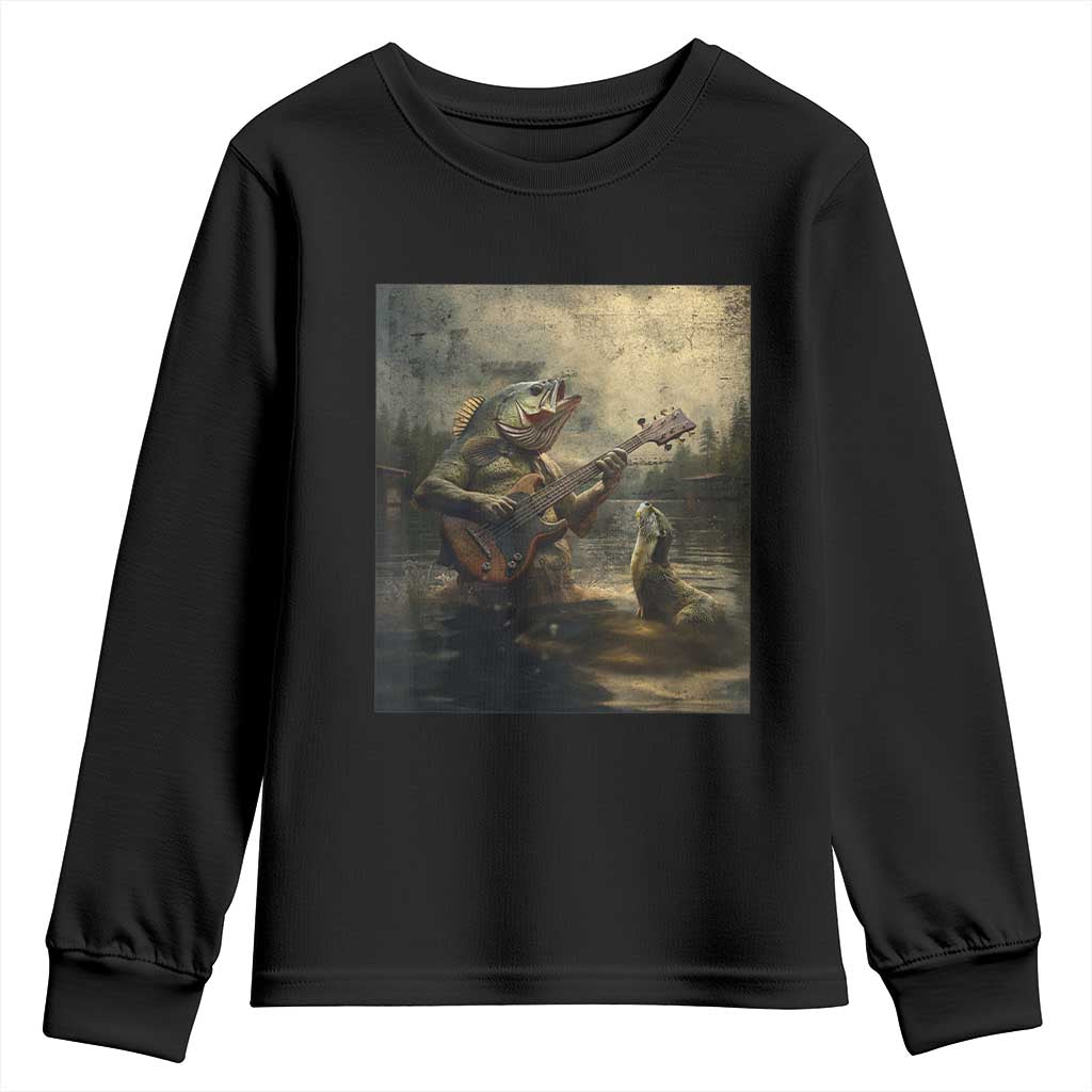 Weird Bass Fish Playing Bass Guitar Youth Sweatshirt Funny Cursed Meme - Wonder Print Shop