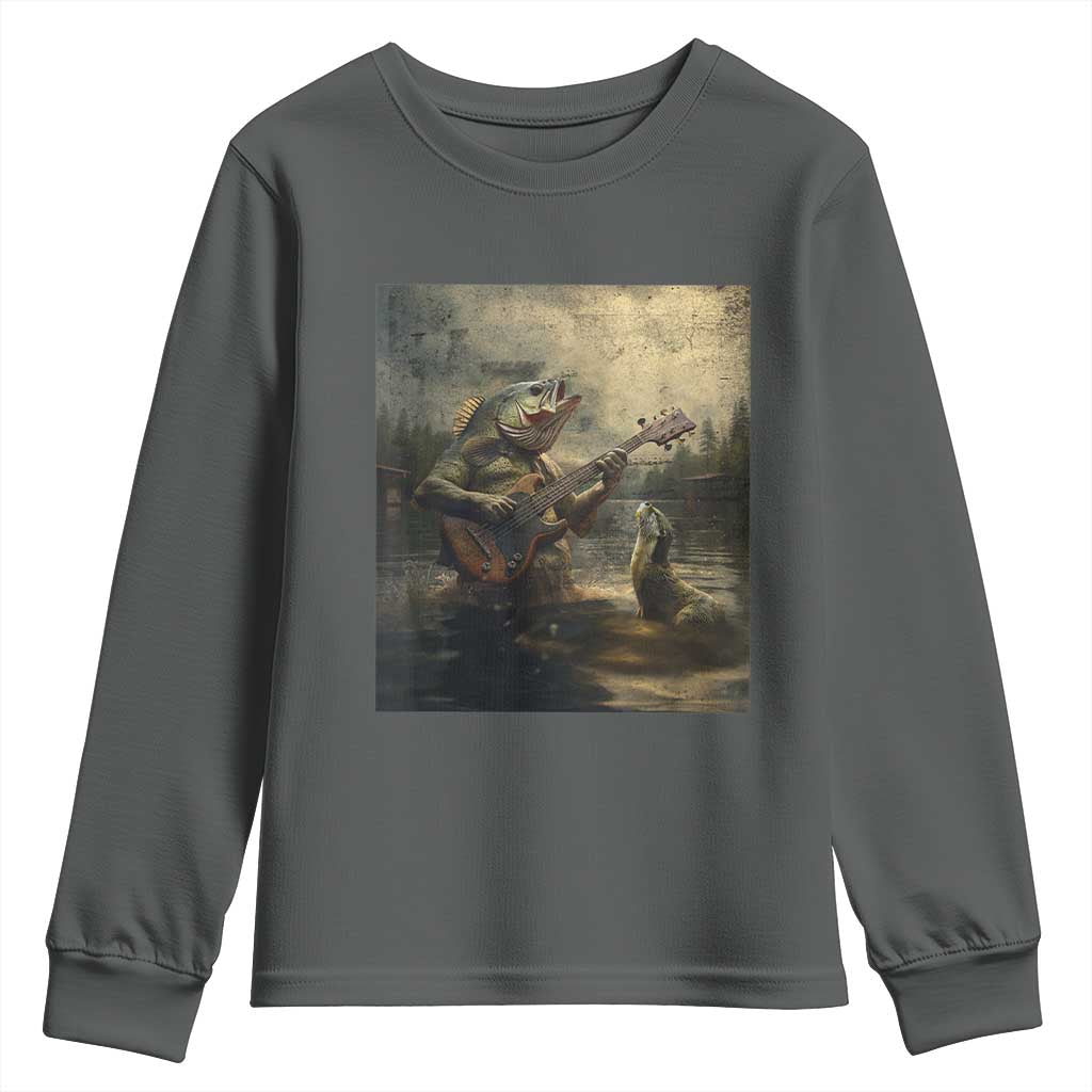Weird Bass Fish Playing Bass Guitar Youth Sweatshirt Funny Cursed Meme - Wonder Print Shop
