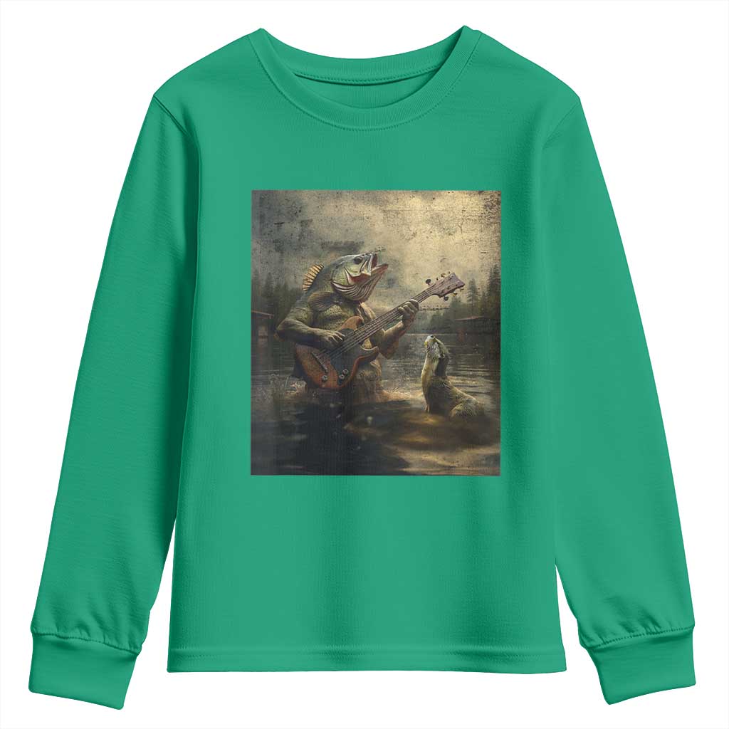 Weird Bass Fish Playing Bass Guitar Youth Sweatshirt Funny Cursed Meme - Wonder Print Shop