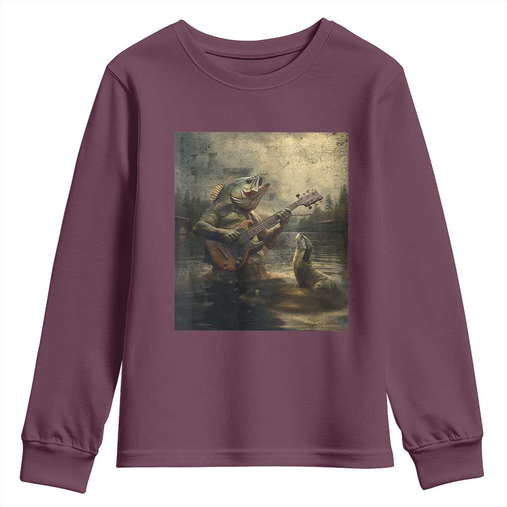 Weird Bass Fish Playing Bass Guitar Youth Sweatshirt Funny Cursed Meme - Wonder Print Shop