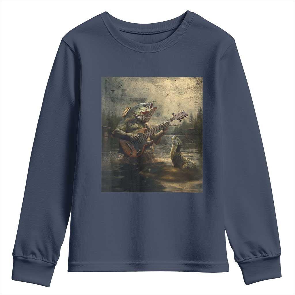 Weird Bass Fish Playing Bass Guitar Youth Sweatshirt Funny Cursed Meme - Wonder Print Shop