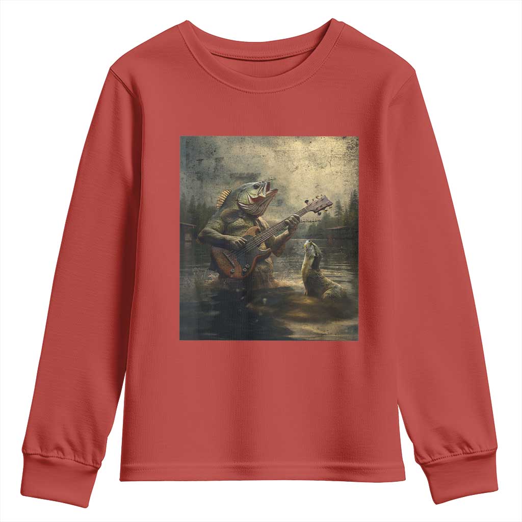 Weird Bass Fish Playing Bass Guitar Youth Sweatshirt Funny Cursed Meme - Wonder Print Shop