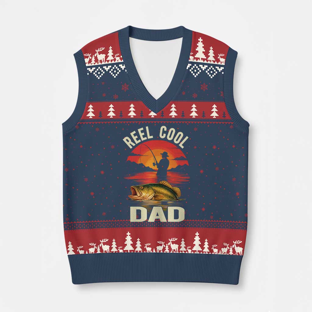 Funny Fishing Dad V-Neck Knit Sweater Vest Reel Cool Dad - Wonder Print Shop
