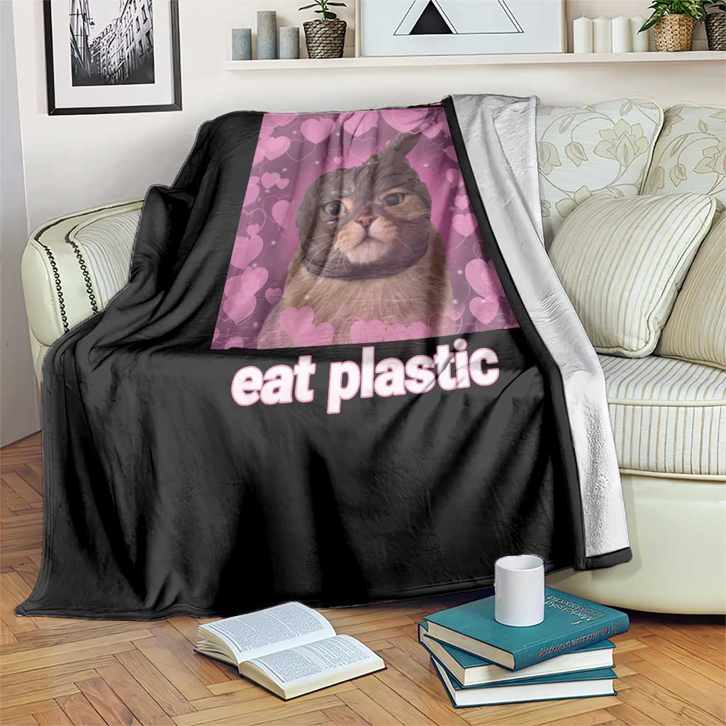 Save The Environment Eat Plastic Throw Blanket Funny Cute Cat Meme - Wonder Print Shop