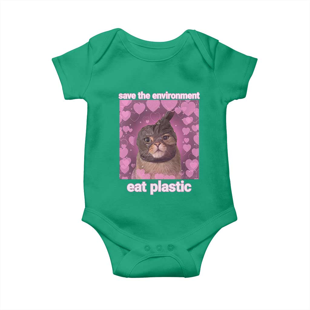 Save The Environment Eat Plastic Baby Onesie Funny Cute Cat Meme - Wonder Print Shop