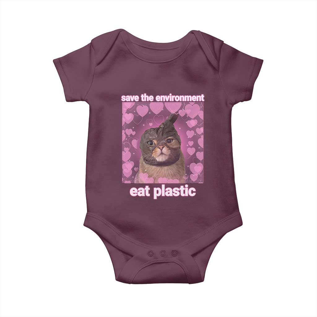 Save The Environment Eat Plastic Baby Onesie Funny Cute Cat Meme - Wonder Print Shop