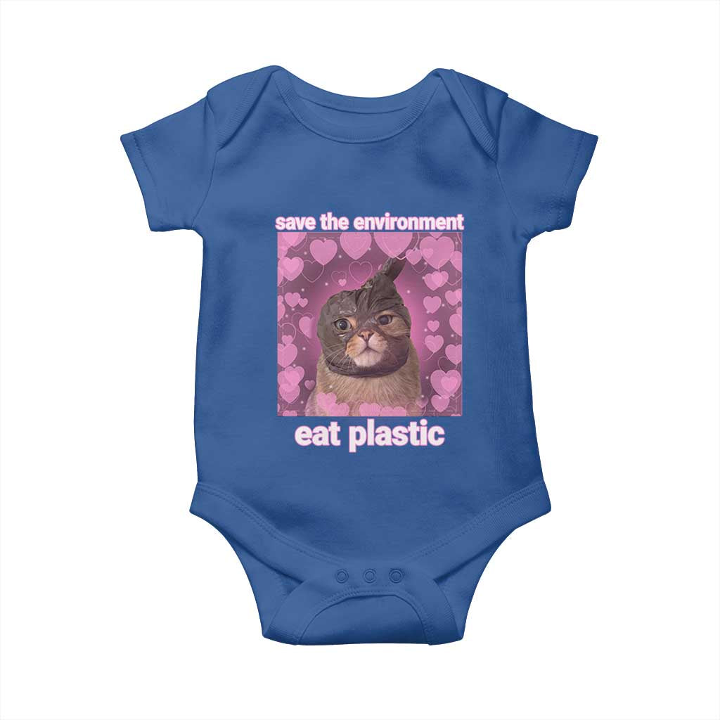 Save The Environment Eat Plastic Baby Onesie Funny Cute Cat Meme - Wonder Print Shop