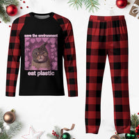 Save The Environment Eat Plastic Plaid Pajama Set Funny Cute Cat Meme - Wonder Print Shop