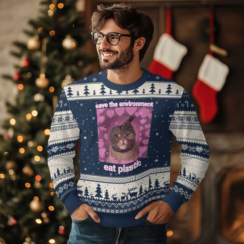 Save The Environment Eat Plastic Ugly Christmas Sweater Funny Cute Cat Meme - Wonder Print Shop