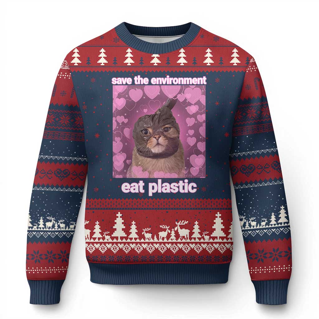 Save The Environment Eat Plastic Ugly Christmas Sweater Funny Cute Cat Meme - Wonder Print Shop