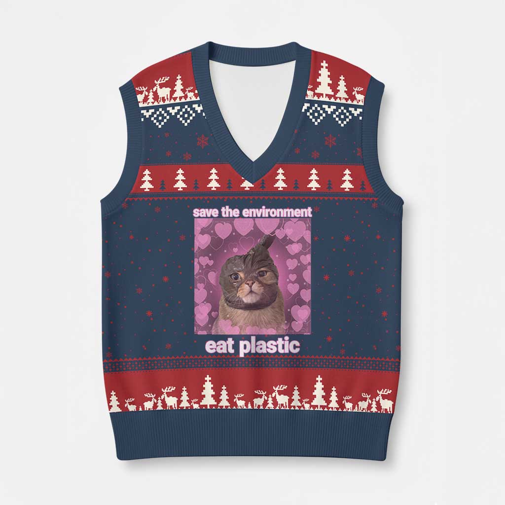 Save The Environment Eat Plastic V-Neck Knit Sweater Vest Funny Cute Cat Meme - Wonder Print Shop