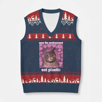 Save The Environment Eat Plastic V-Neck Knit Sweater Vest Funny Cute Cat Meme - Wonder Print Shop