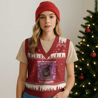 Save The Environment Eat Plastic V-Neck Knit Sweater Vest Funny Cute Cat Meme - Wonder Print Shop