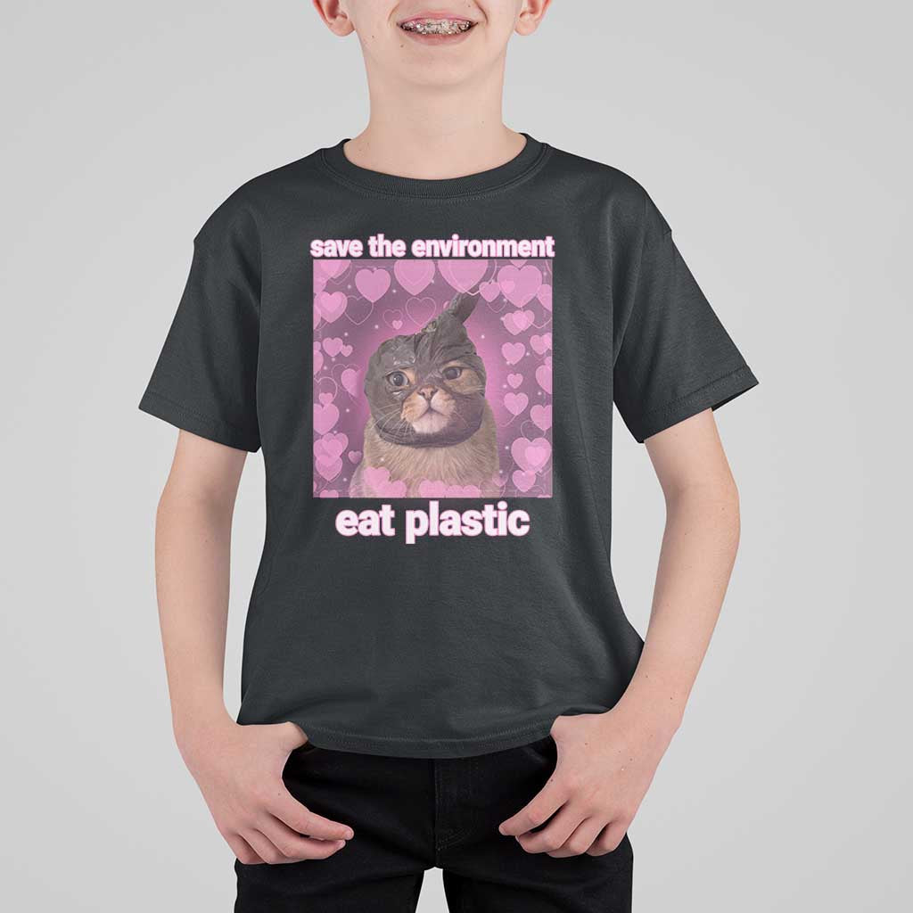 Save The Environment Eat Plastic T Shirt For Kid Funny Cute Cat Meme - Wonder Print Shop