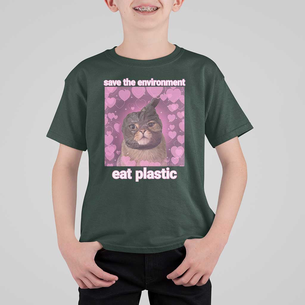 Save The Environment Eat Plastic T Shirt For Kid Funny Cute Cat Meme - Wonder Print Shop