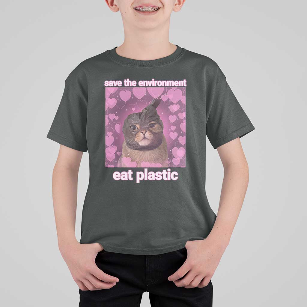Save The Environment Eat Plastic T Shirt For Kid Funny Cute Cat Meme - Wonder Print Shop