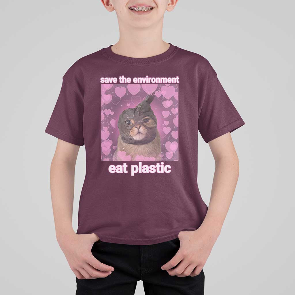 Save The Environment Eat Plastic T Shirt For Kid Funny Cute Cat Meme - Wonder Print Shop