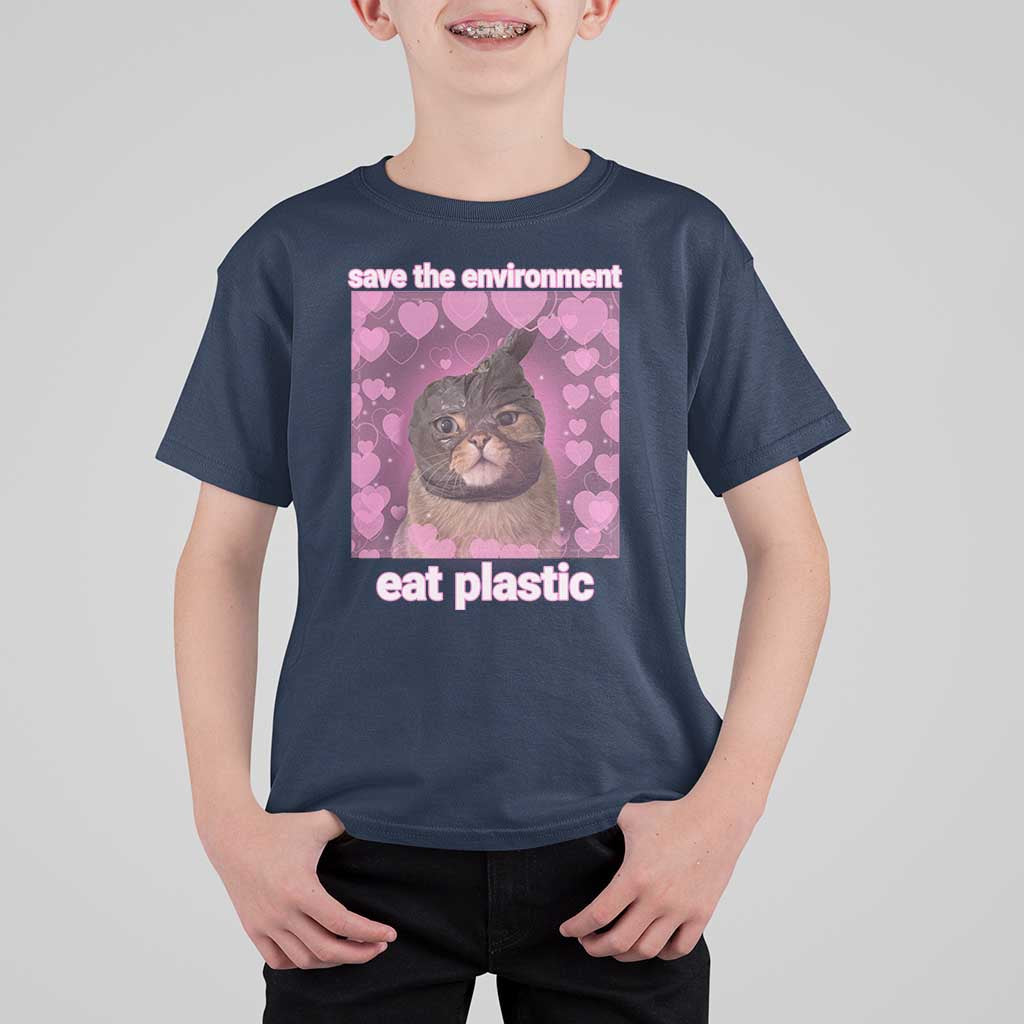 Save The Environment Eat Plastic T Shirt For Kid Funny Cute Cat Meme - Wonder Print Shop