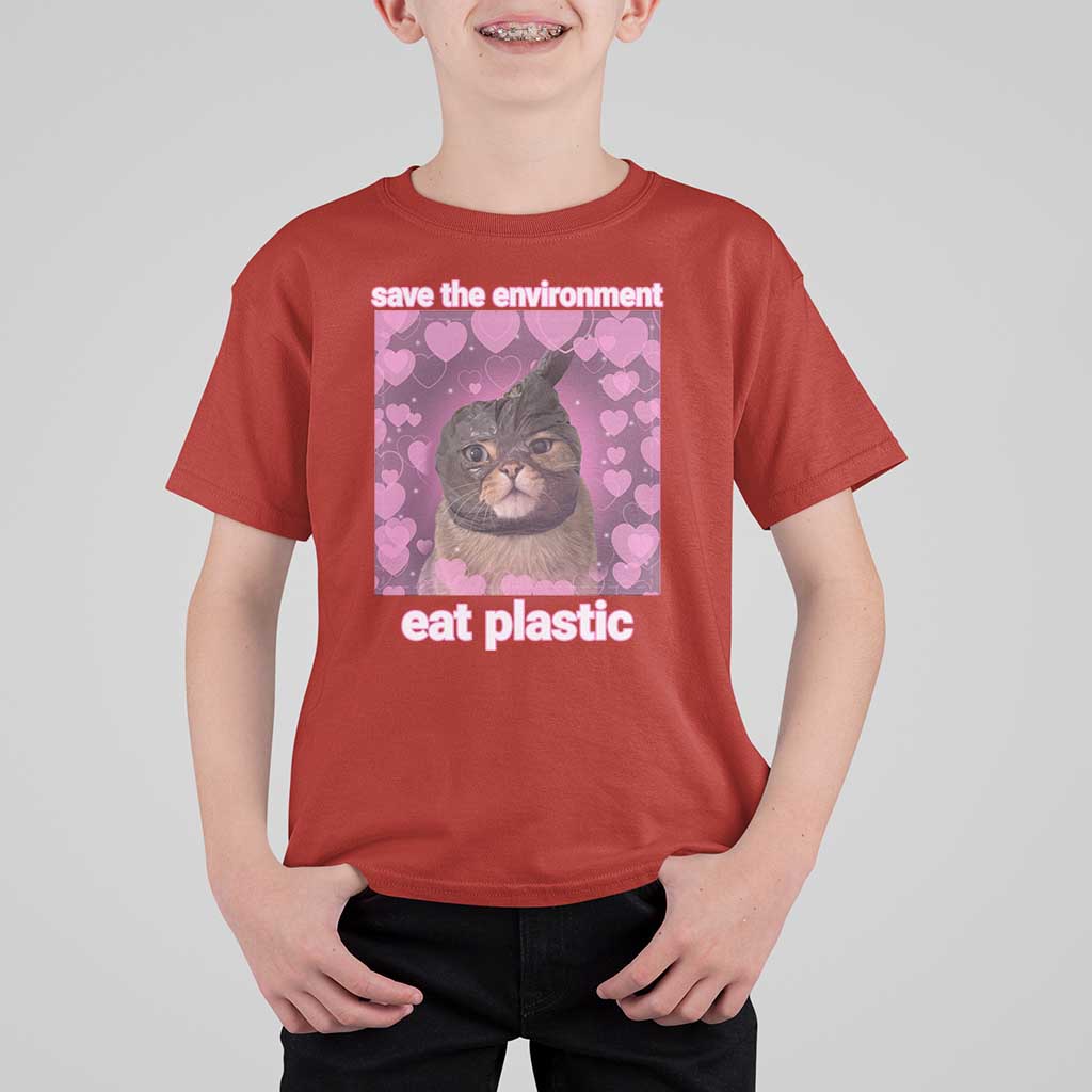 Save The Environment Eat Plastic T Shirt For Kid Funny Cute Cat Meme - Wonder Print Shop