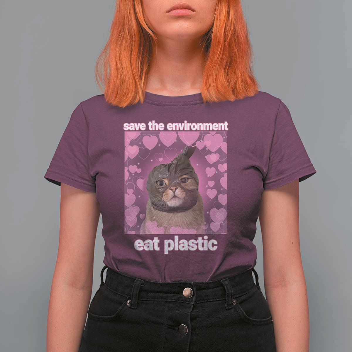 Save The Environment Eat Plastic T Shirt For Women Funny Cute Cat Meme - Wonder Print Shop
