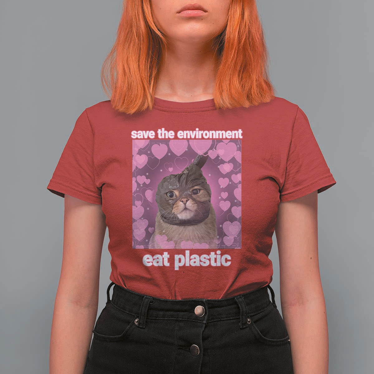 Save The Environment Eat Plastic T Shirt For Women Funny Cute Cat Meme - Wonder Print Shop