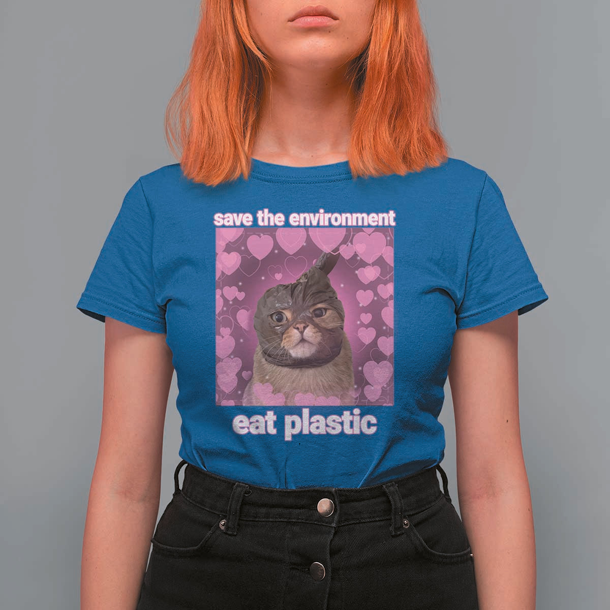 Save The Environment Eat Plastic T Shirt For Women Funny Cute Cat Meme - Wonder Print Shop