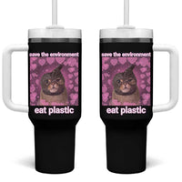 Save The Environment Eat Plastic Tumbler With Handle Funny Cute Cat Meme - Wonder Print Shop
