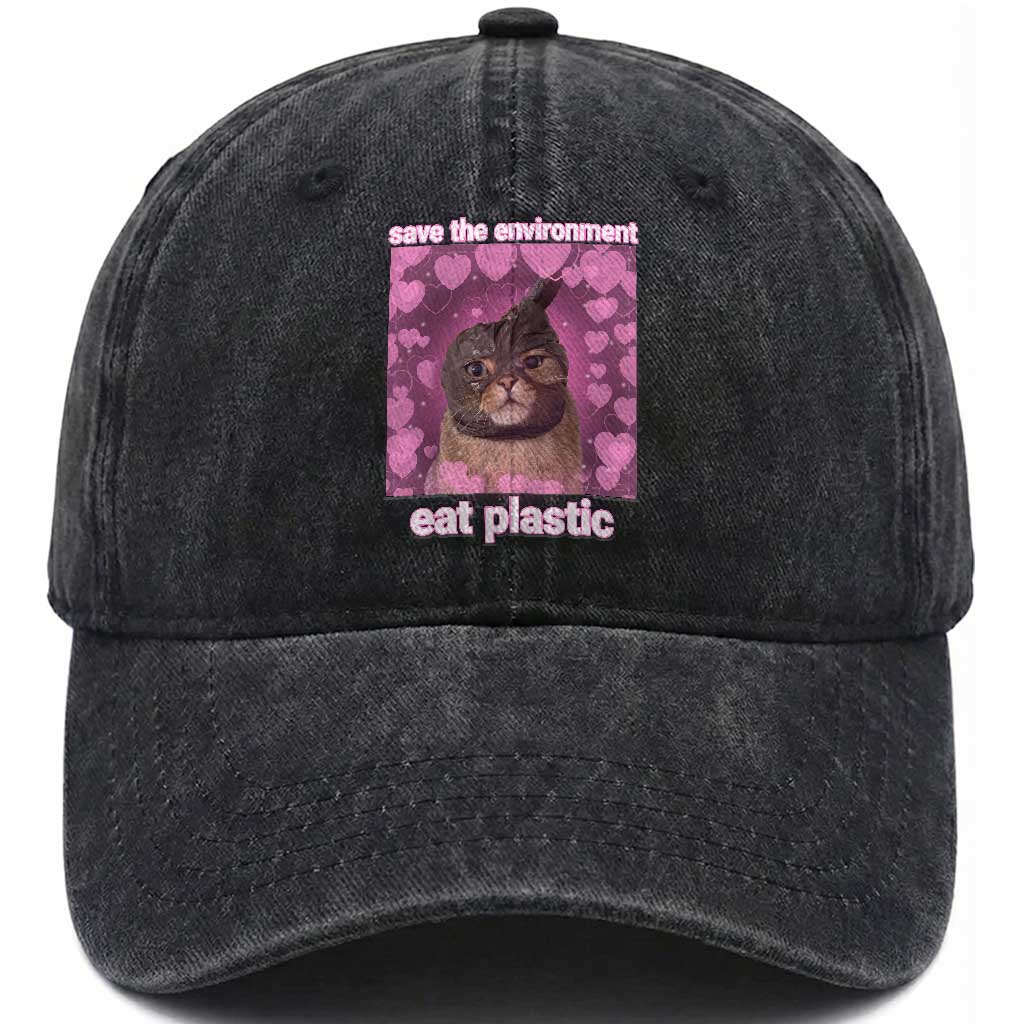 Save The Environment Eat Plastic Washed Cotton Baseball Cap Funny Cute Cat Meme