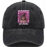 Save The Environment Eat Plastic Washed Cotton Baseball Cap Funny Cute Cat Meme