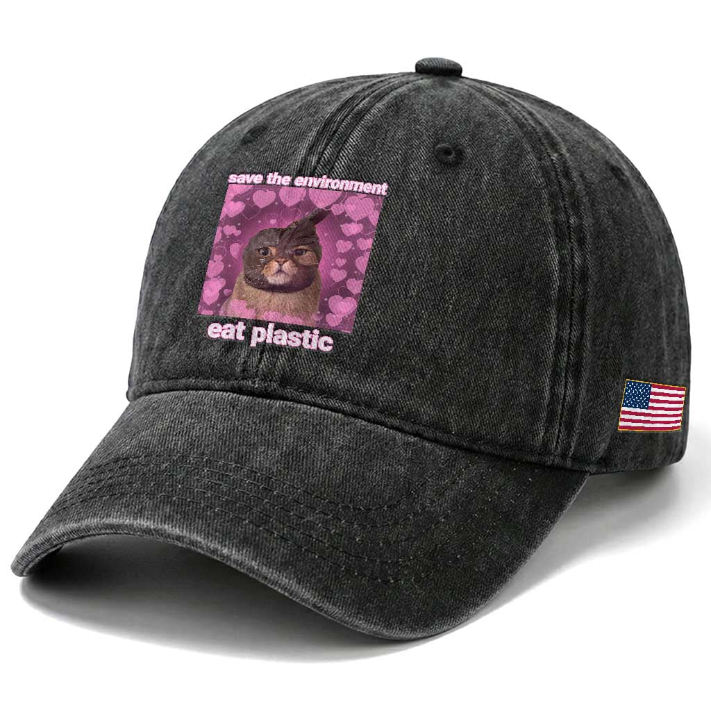 Save The Environment Eat Plastic Washed Cotton Baseball Cap Funny Cute Cat Meme