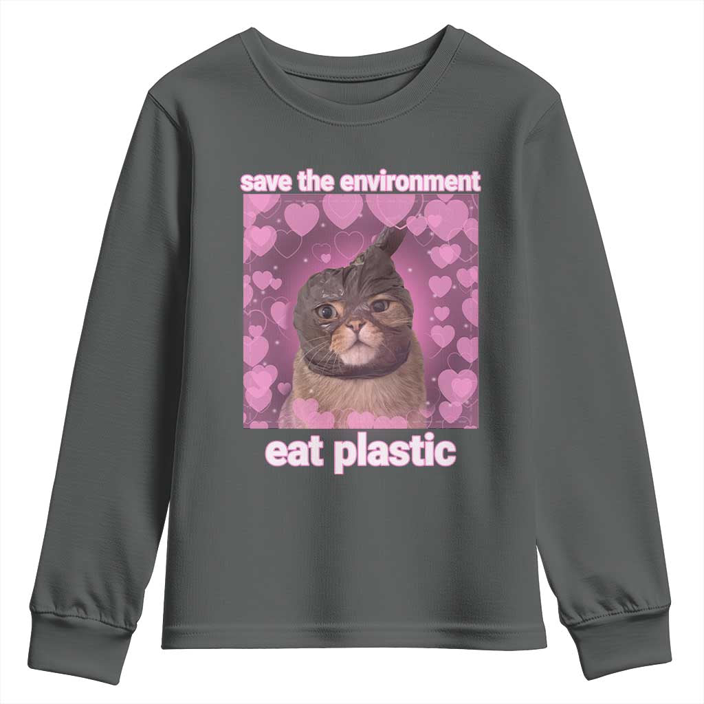 Save The Environment Eat Plastic Youth Sweatshirt Funny Cute Cat Meme - Wonder Print Shop