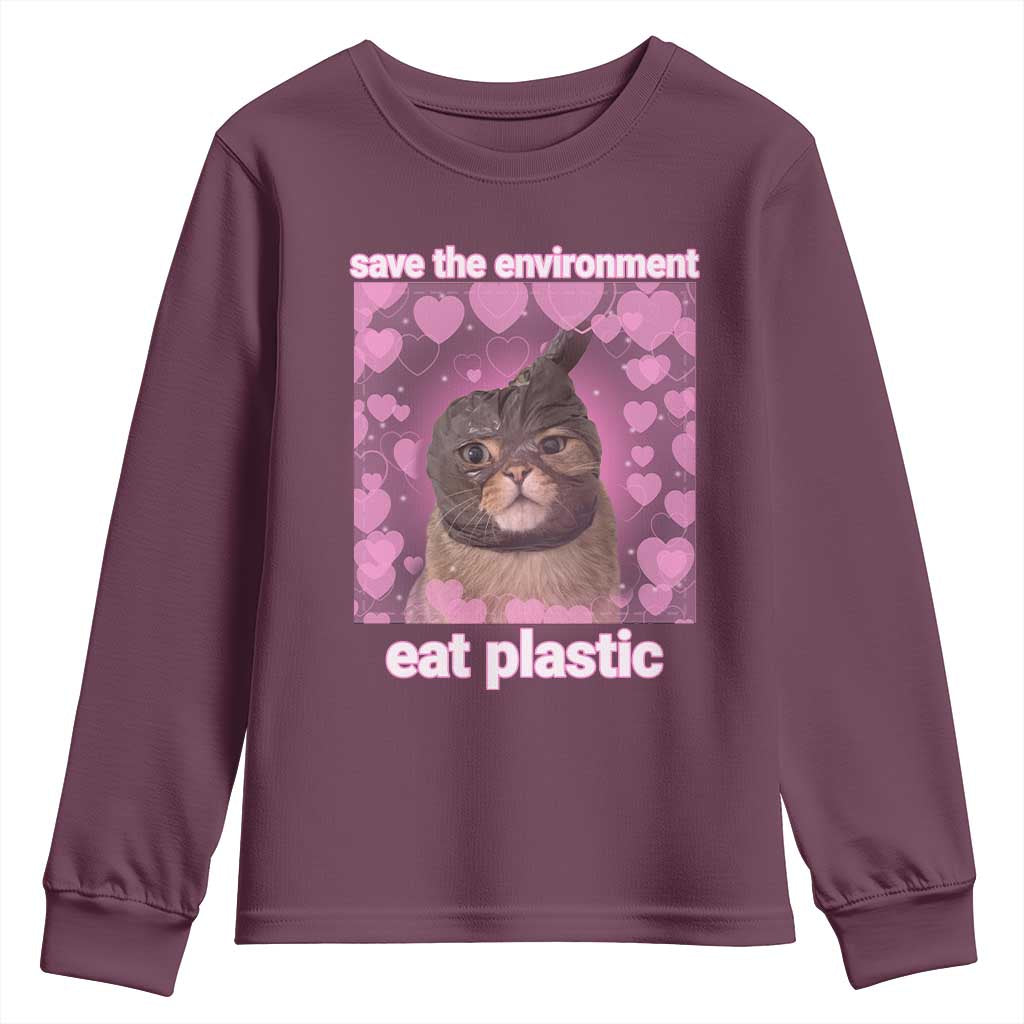 Save The Environment Eat Plastic Youth Sweatshirt Funny Cute Cat Meme - Wonder Print Shop
