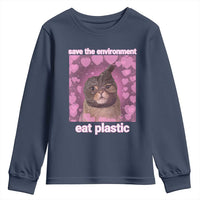 Save The Environment Eat Plastic Youth Sweatshirt Funny Cute Cat Meme - Wonder Print Shop