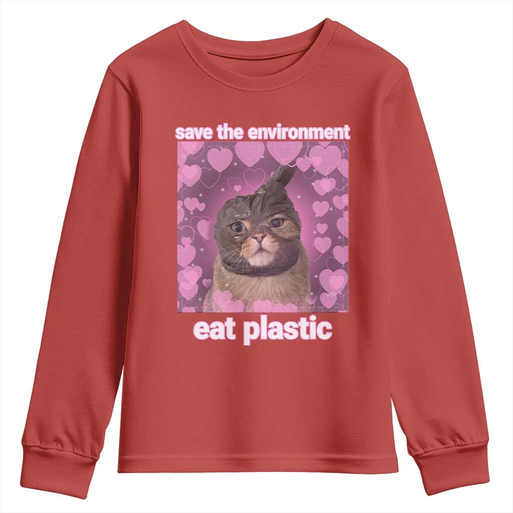 Save The Environment Eat Plastic Youth Sweatshirt Funny Cute Cat Meme - Wonder Print Shop
