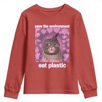 Save The Environment Eat Plastic Youth Sweatshirt Funny Cute Cat Meme - Wonder Print Shop