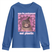 Save The Environment Eat Plastic Youth Sweatshirt Funny Cute Cat Meme - Wonder Print Shop
