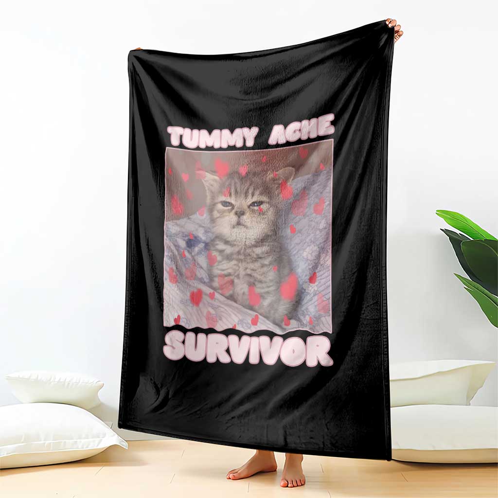 Tummy Ache Survivor Throw Blanket Funny Cute Cat Meme - Wonder Print Shop