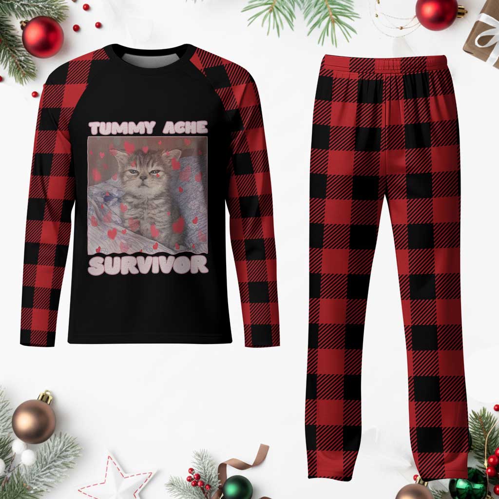 Tummy Ache Survivor Plaid Pajama Set Funny Cute Cat Meme - Wonder Print Shop