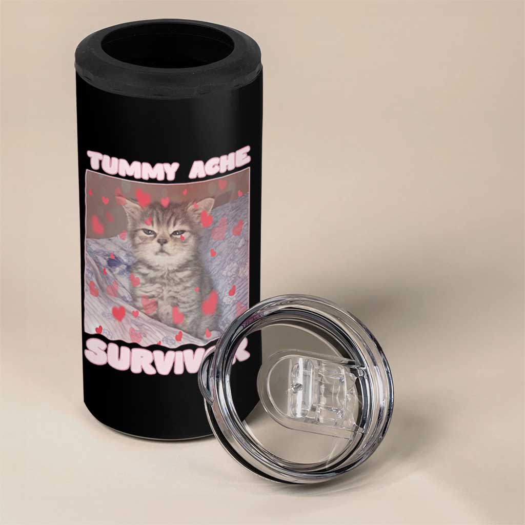 Tummy Ache Survivor 4 in 1 Can Cooler Tumbler Funny Cute Cat Meme - Wonder Print Shop