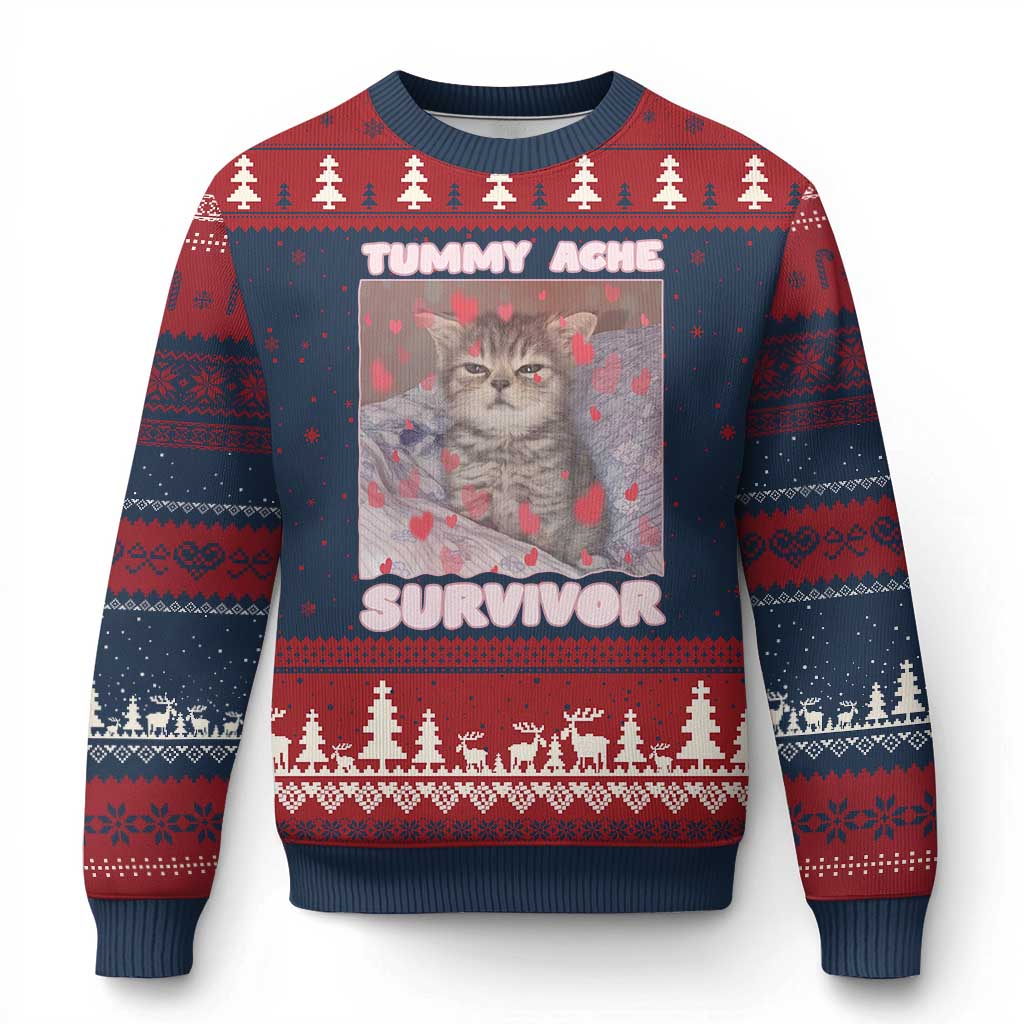 Tummy Ache Survivor Ugly Christmas Sweater Funny Cute Cat Meme - Wonder Print Shop