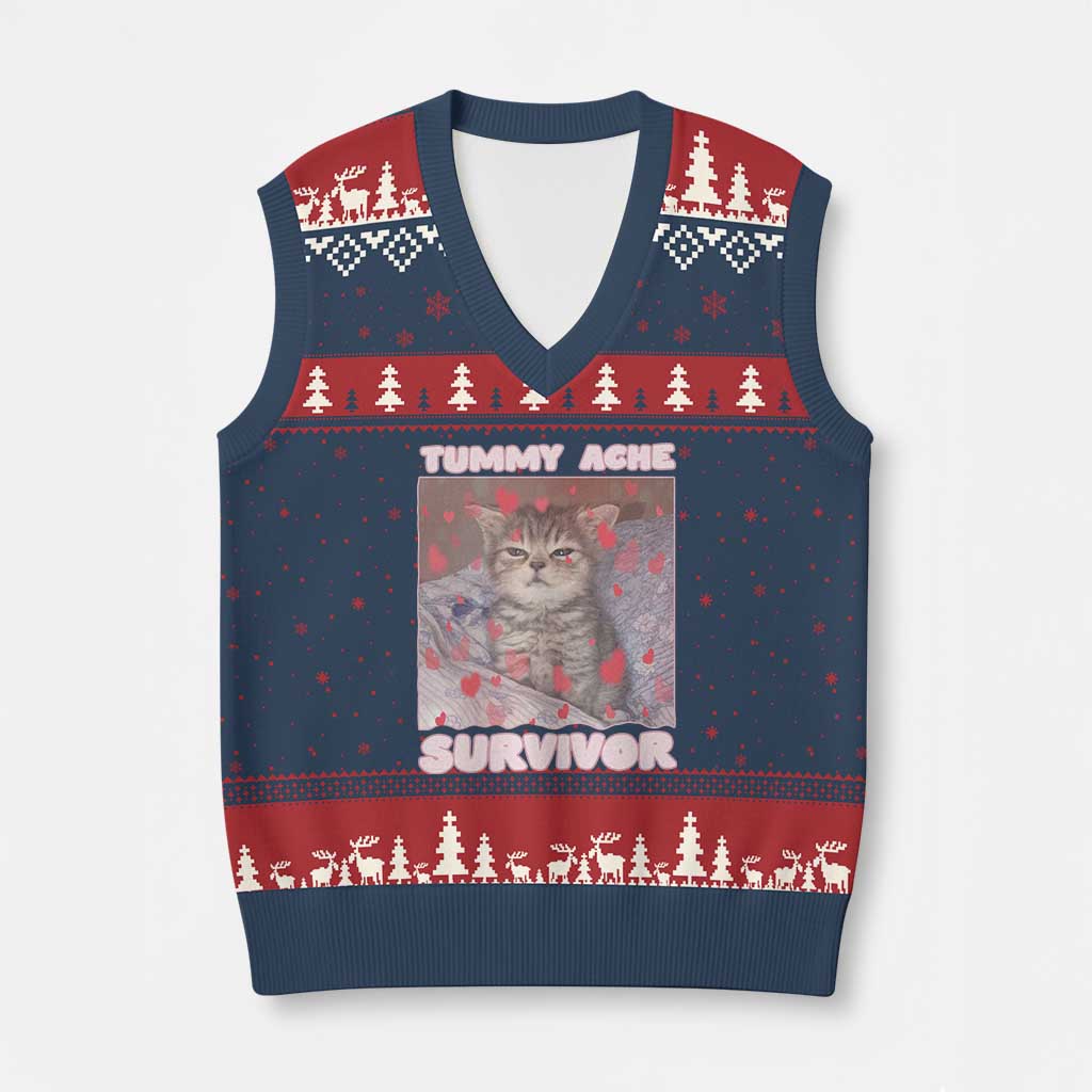 Tummy Ache Survivor V-Neck Knit Sweater Vest Funny Cute Cat Meme - Wonder Print Shop