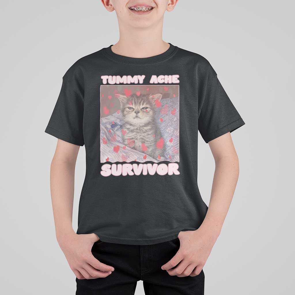 Tummy Ache Survivor T Shirt For Kid Funny Cute Cat Meme - Wonder Print Shop