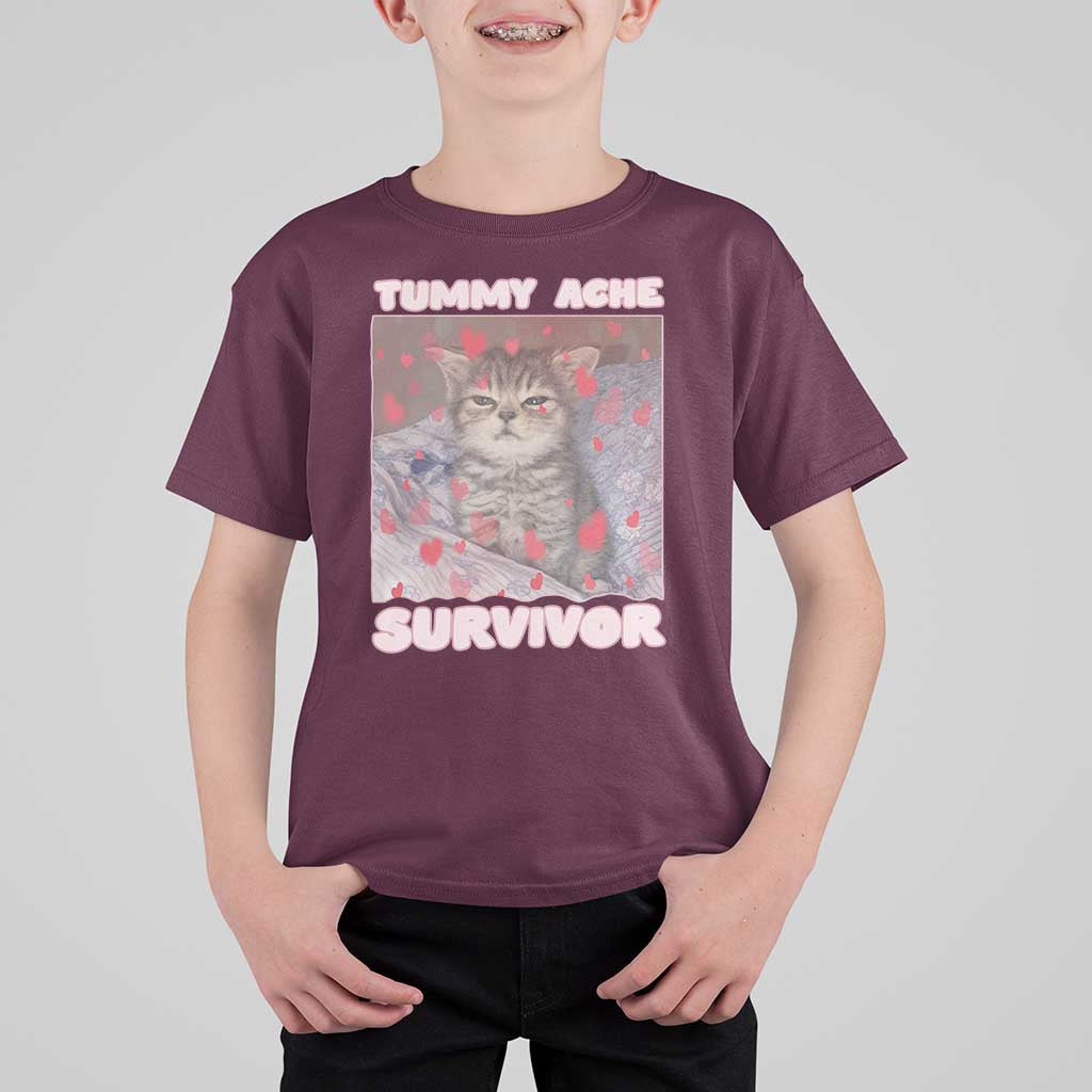 Tummy Ache Survivor T Shirt For Kid Funny Cute Cat Meme - Wonder Print Shop