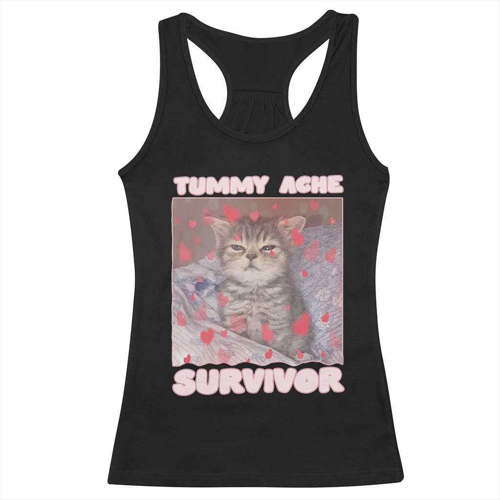 Tummy Ache Survivor Racerback Tank Top Funny Cute Cat Meme - Wonder Print Shop