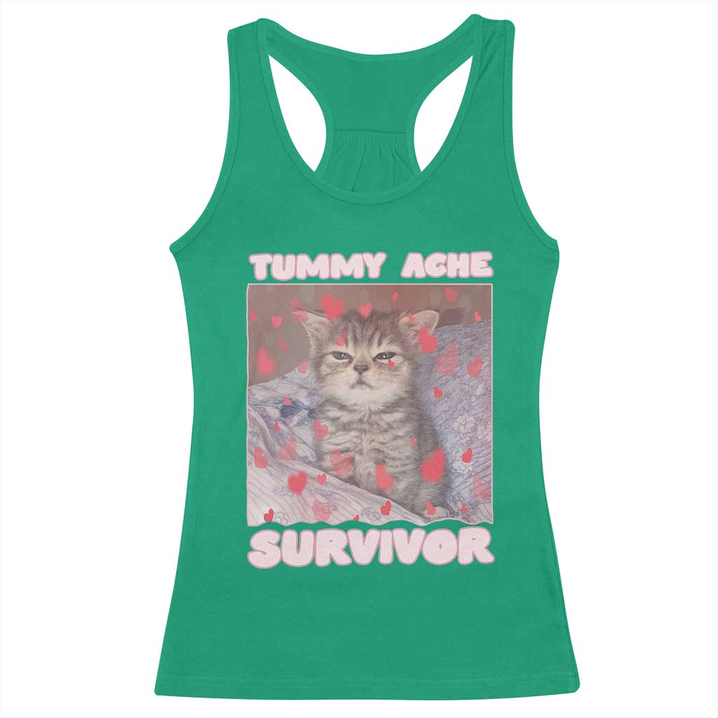 Tummy Ache Survivor Racerback Tank Top Funny Cute Cat Meme - Wonder Print Shop