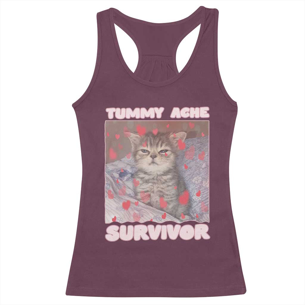 Tummy Ache Survivor Racerback Tank Top Funny Cute Cat Meme - Wonder Print Shop