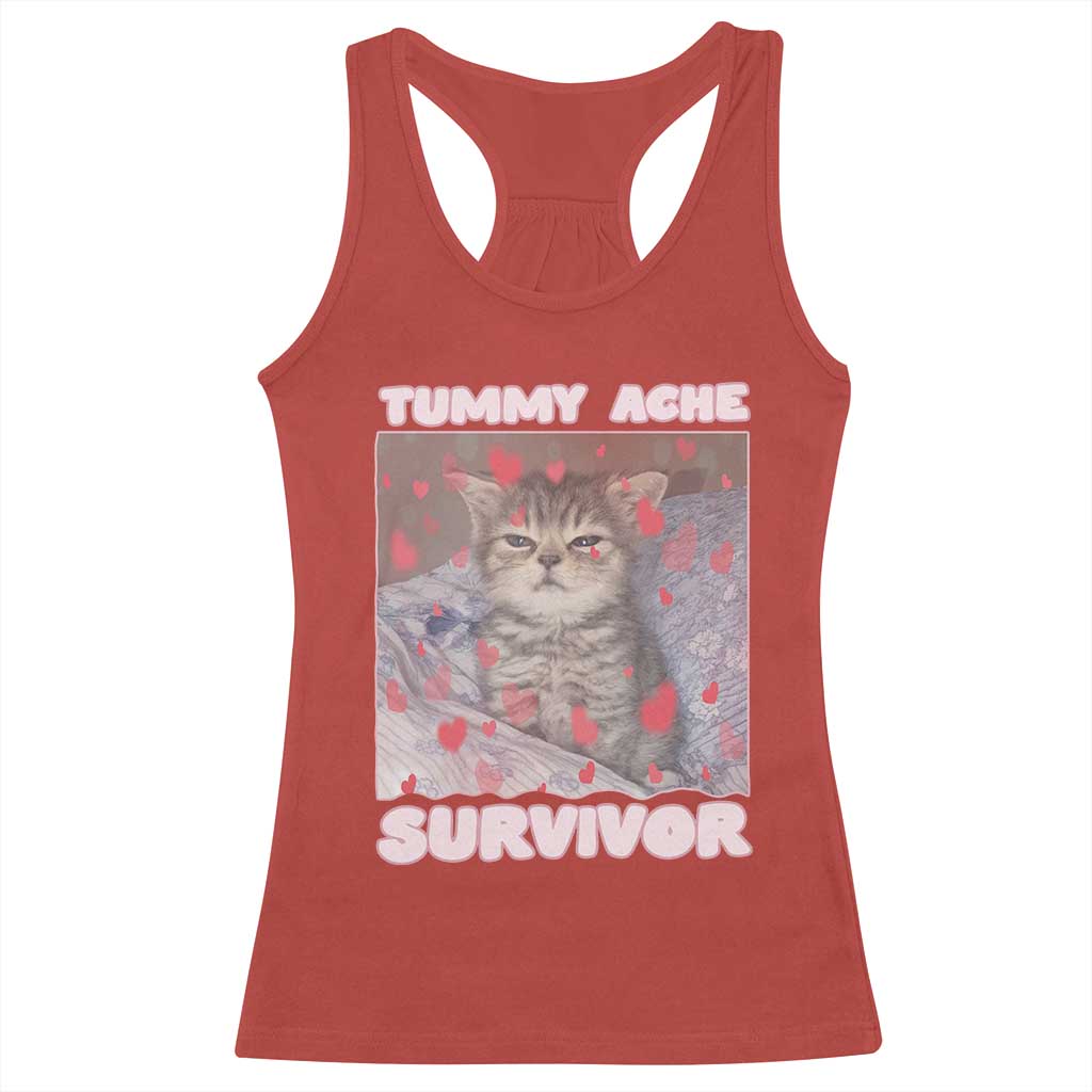 Tummy Ache Survivor Racerback Tank Top Funny Cute Cat Meme - Wonder Print Shop
