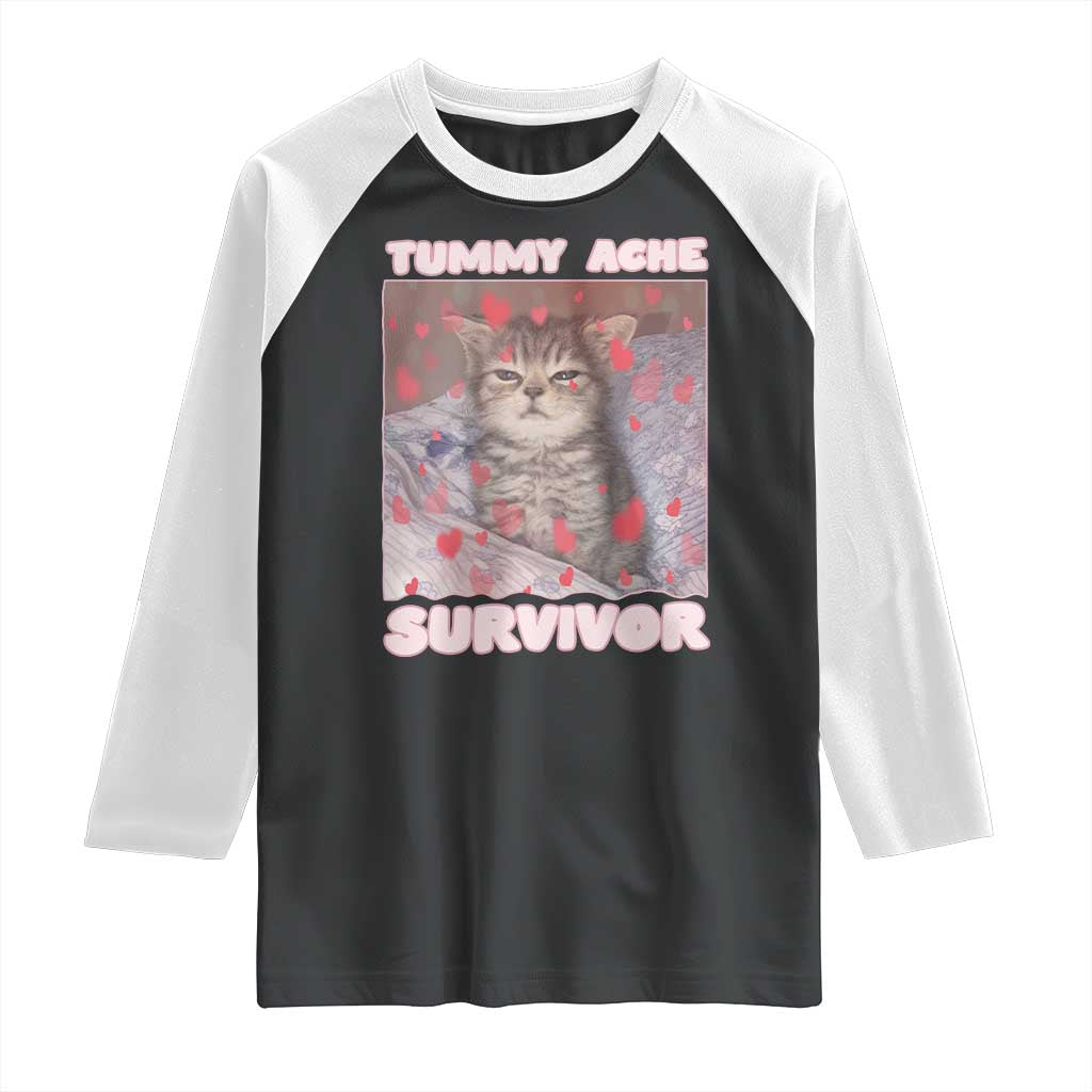 Tummy Ache Survivor Raglan Shirt Funny Cute Cat Meme - Wonder Print Shop