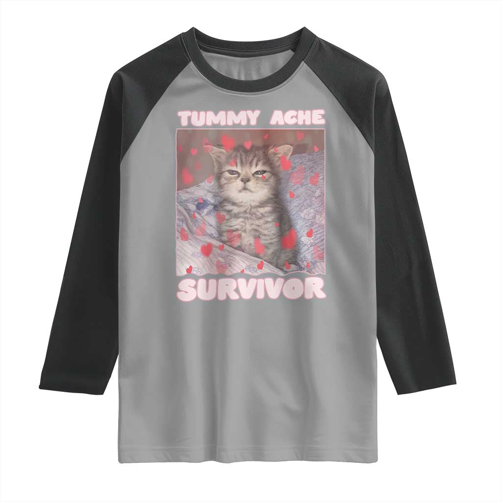 Tummy Ache Survivor Raglan Shirt Funny Cute Cat Meme - Wonder Print Shop