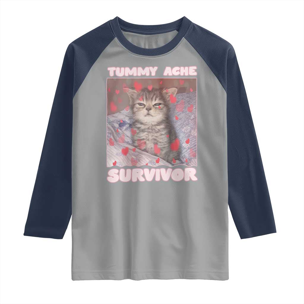 Tummy Ache Survivor Raglan Shirt Funny Cute Cat Meme - Wonder Print Shop